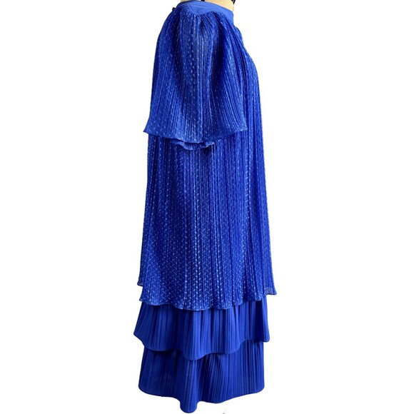 VTG RISA ANN NY Royal Blue Pleated Tiered Midi Dress 15.5 – Pearl Back Buttons - Picture 3 of 10